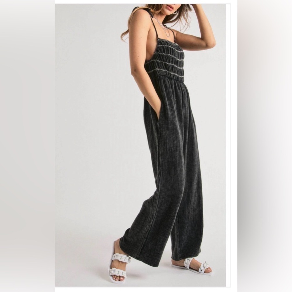 NWT Noflik Black 100 percent Cotton Gauze Wide Leg Jumpsuit Size Large
